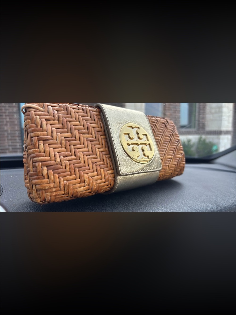 Tory Burch Woven Rattan Sunglasses Case with Gold Logo Accent